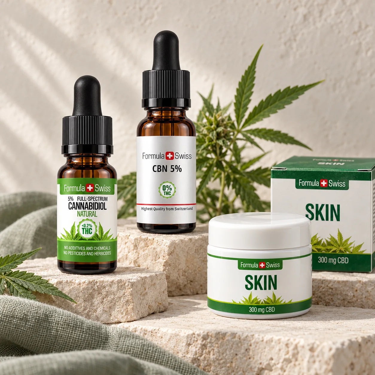 Olio di CBD, olio di CBN e Skin Balm Formula Swiss su pietra chiara
