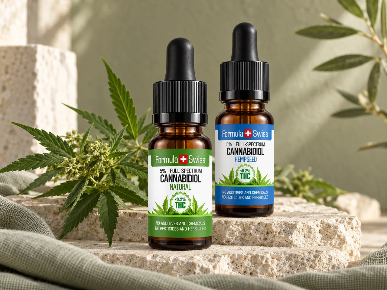 Oli di CBD Natural e Hempseed Formula Swiss con foglie di canapa
