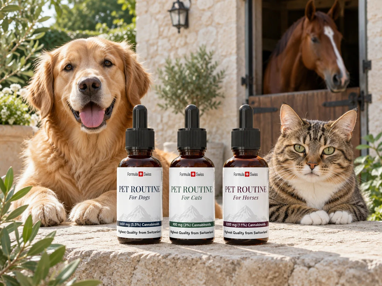 Flaconi Pet Routine Formula Swiss per cani, gatti e cavalli accanto a un cane, un gatto e un cavallo