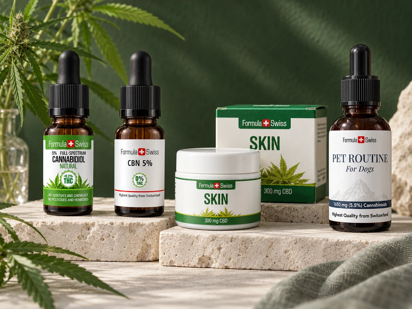 Olio di CBD, olio di CBN, Skin Balm e Pet Routine Formula Swiss su pietra chiara