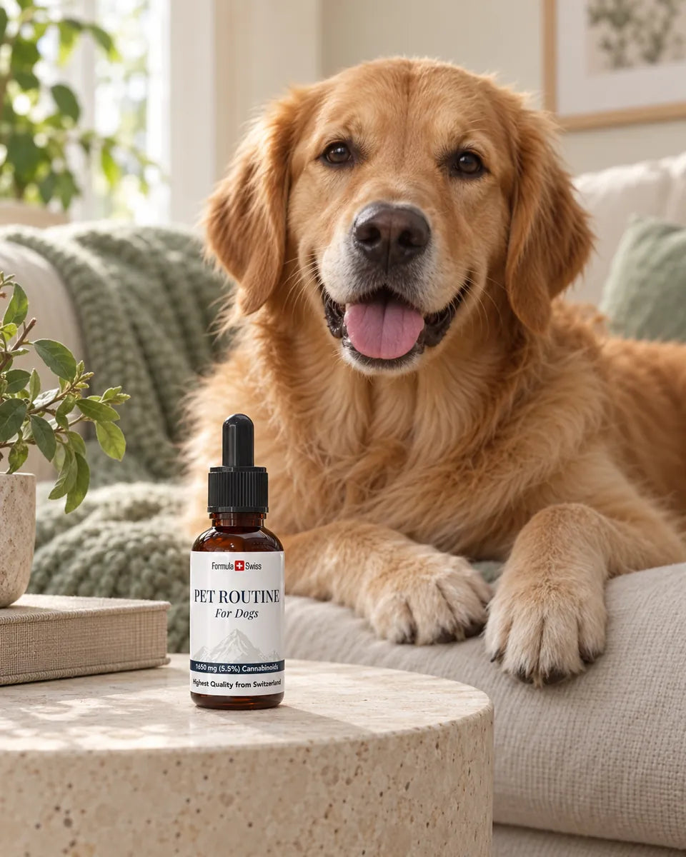 Golden retriever accanto all'olio di CBD Pet Routine per cani Formula Swiss