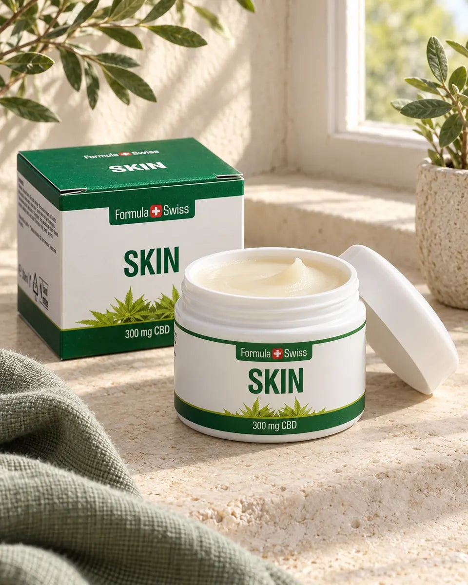 Vasetto e confezione di Skin Balm Formula Swiss su calcare chiaro accanto a tessuto di lino verde salvia