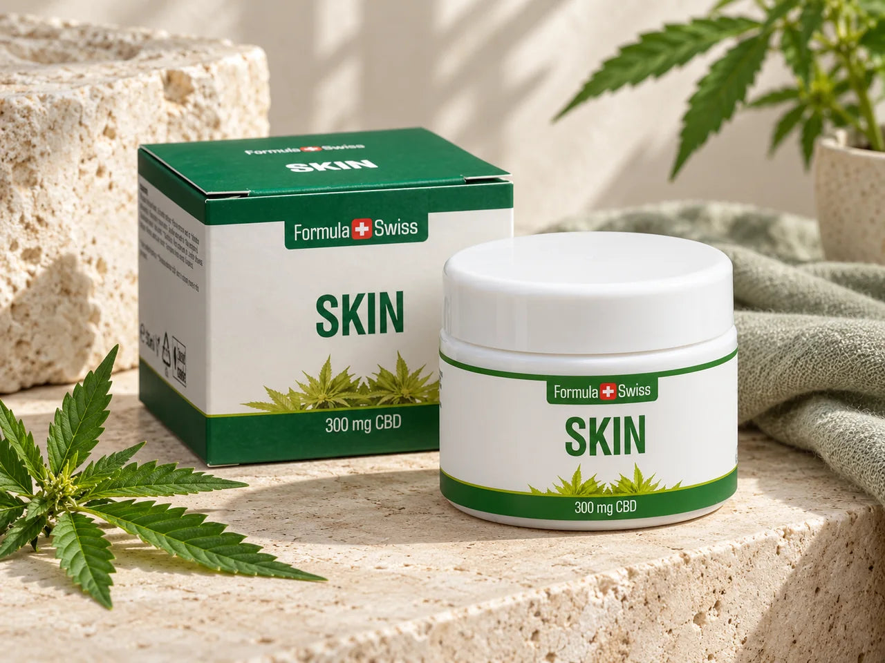 Vasetto e confezione di Skin Balm Formula Swiss su pietra chiara